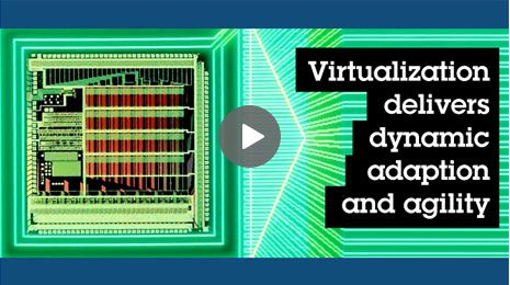 Abstraction of computer processor on modern green background. Click play button to watch Virtualization Without Limits.